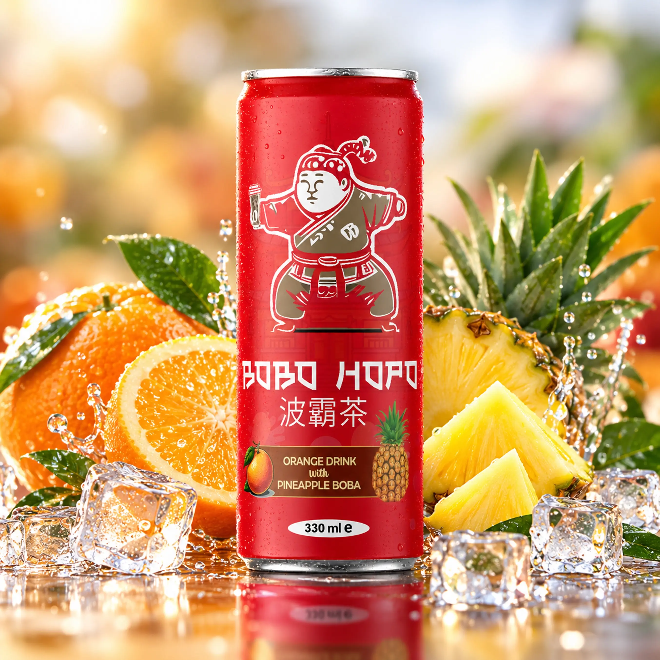Bobo Hopo 330 ml orange drink with pineapple boba, fresh oranges, pineapple and ice cubes.